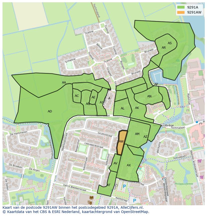 Afbeelding van het postcodegebied 9291 AW op de kaart.