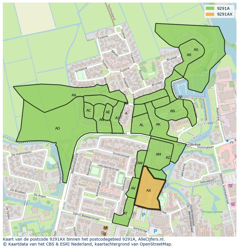 Afbeelding van het postcodegebied 9291 AX op de kaart.