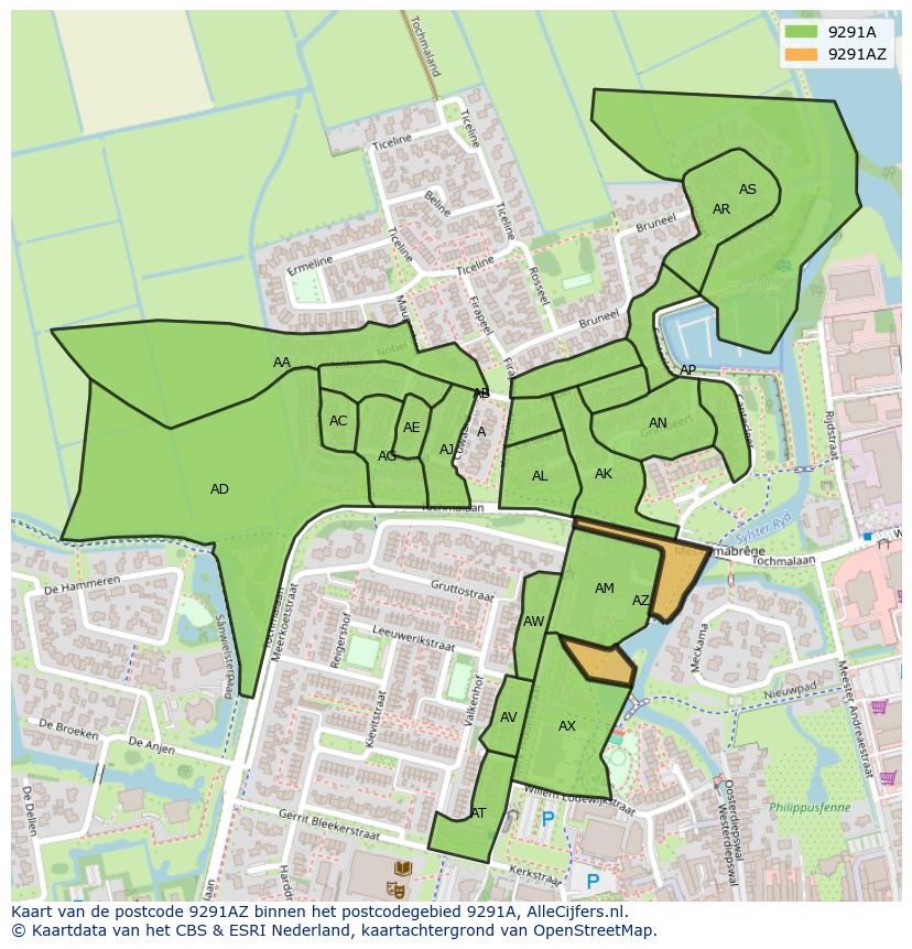 Afbeelding van het postcodegebied 9291 AZ op de kaart.