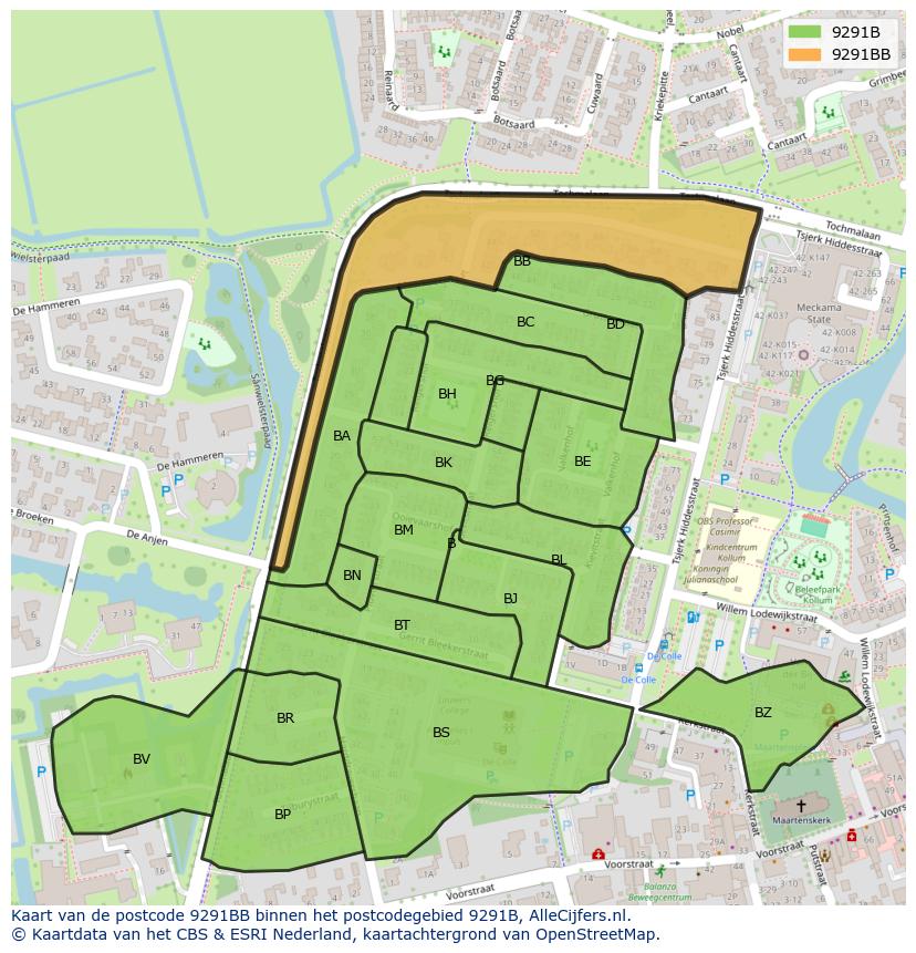 Afbeelding van het postcodegebied 9291 BB op de kaart.
