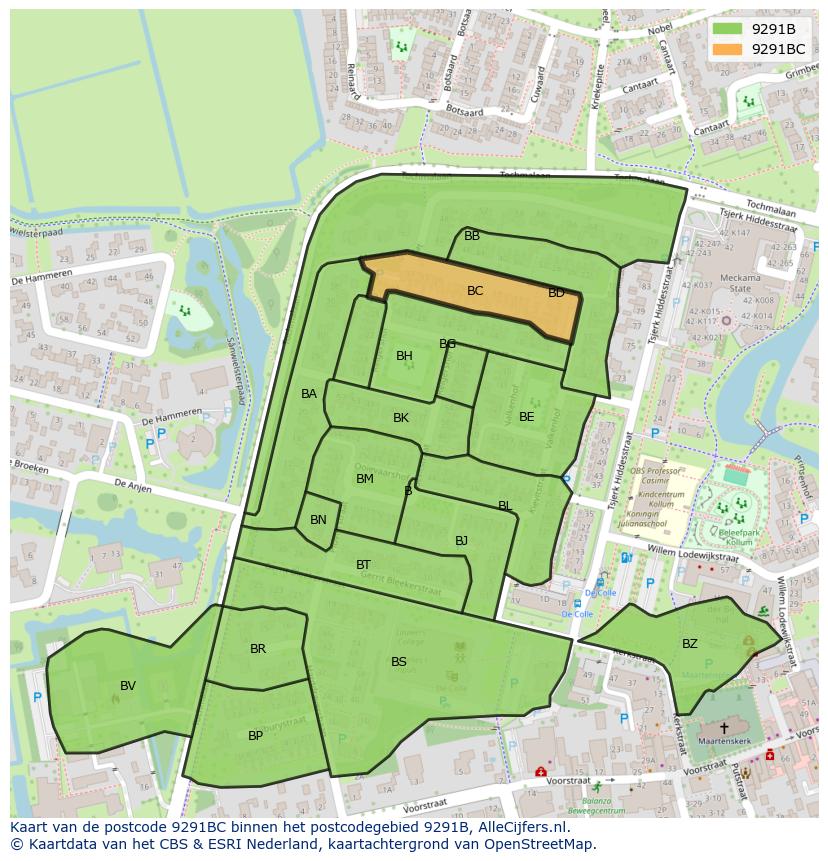 Afbeelding van het postcodegebied 9291 BC op de kaart.