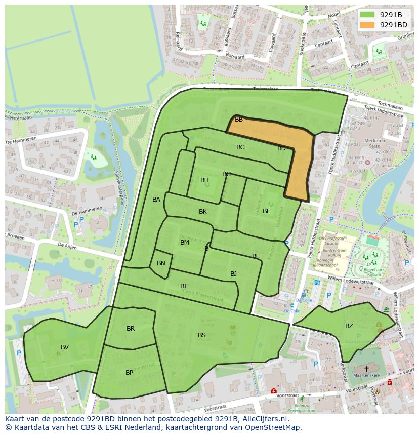 Afbeelding van het postcodegebied 9291 BD op de kaart.