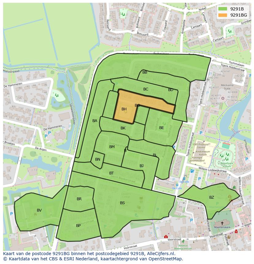 Afbeelding van het postcodegebied 9291 BG op de kaart.