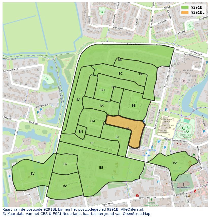 Afbeelding van het postcodegebied 9291 BL op de kaart.