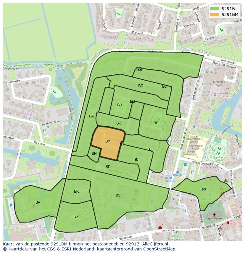 Afbeelding van het postcodegebied 9291 BM op de kaart.