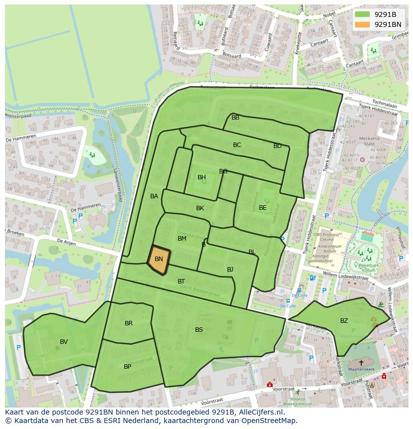 Afbeelding van het postcodegebied 9291 BN op de kaart.