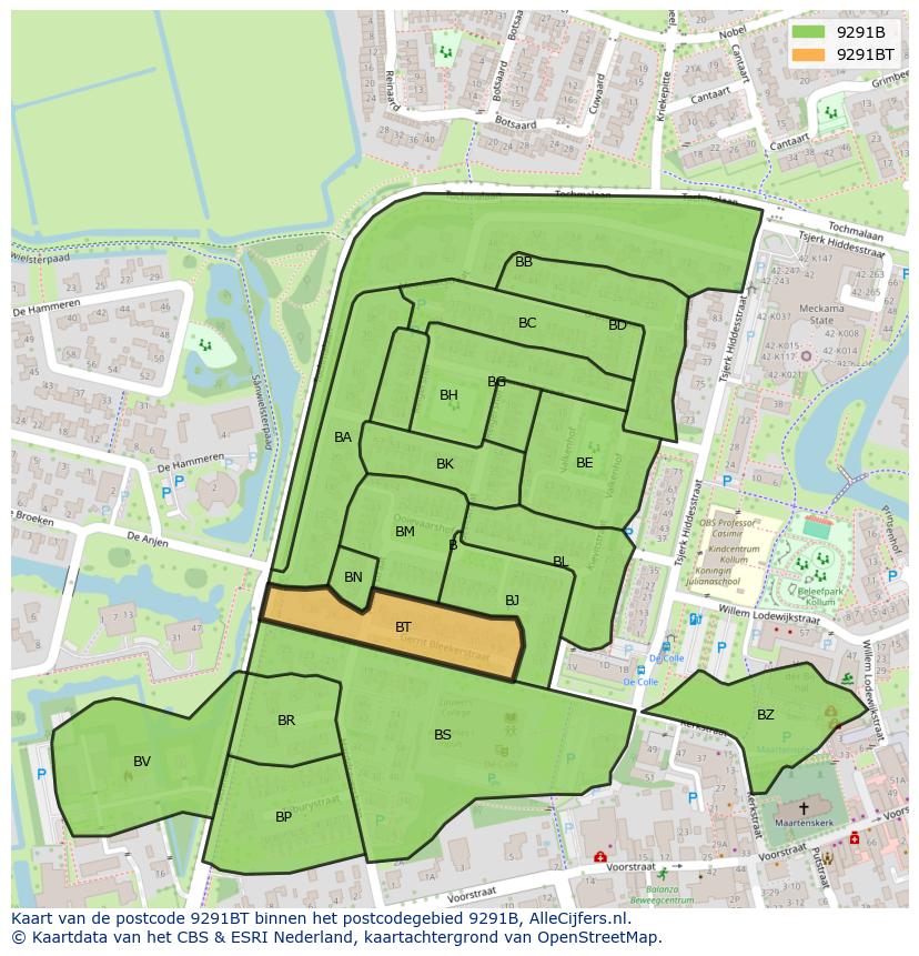 Afbeelding van het postcodegebied 9291 BT op de kaart.