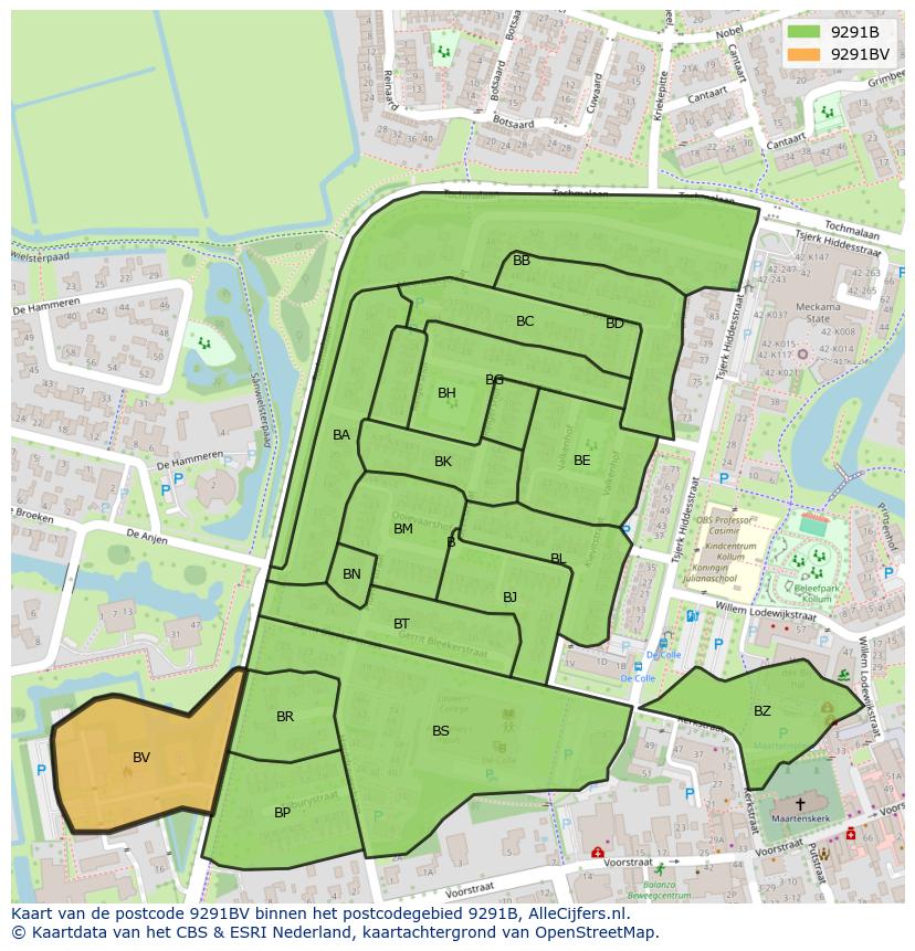 Afbeelding van het postcodegebied 9291 BV op de kaart.