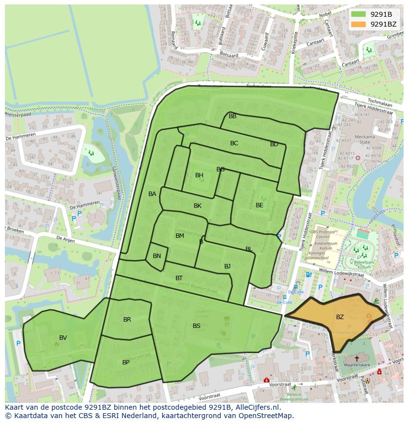 Afbeelding van het postcodegebied 9291 BZ op de kaart.