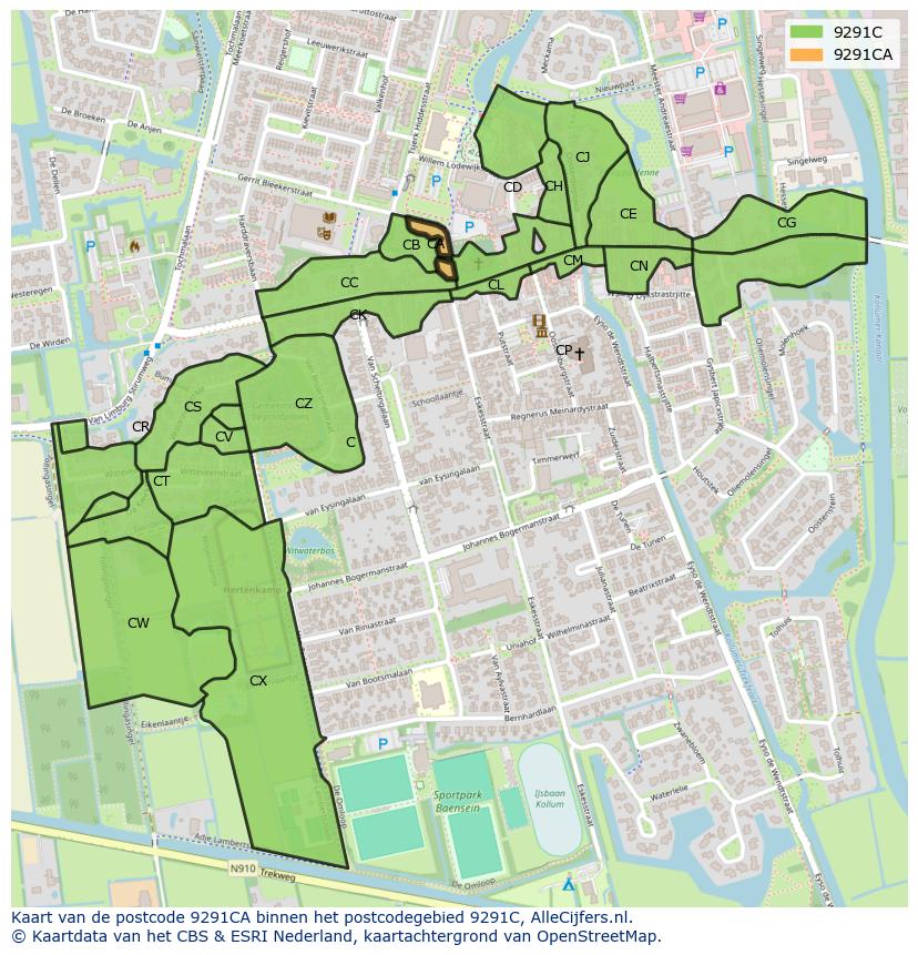 Afbeelding van het postcodegebied 9291 CA op de kaart.