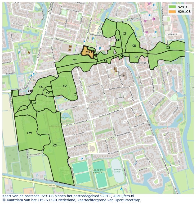 Afbeelding van het postcodegebied 9291 CB op de kaart.
