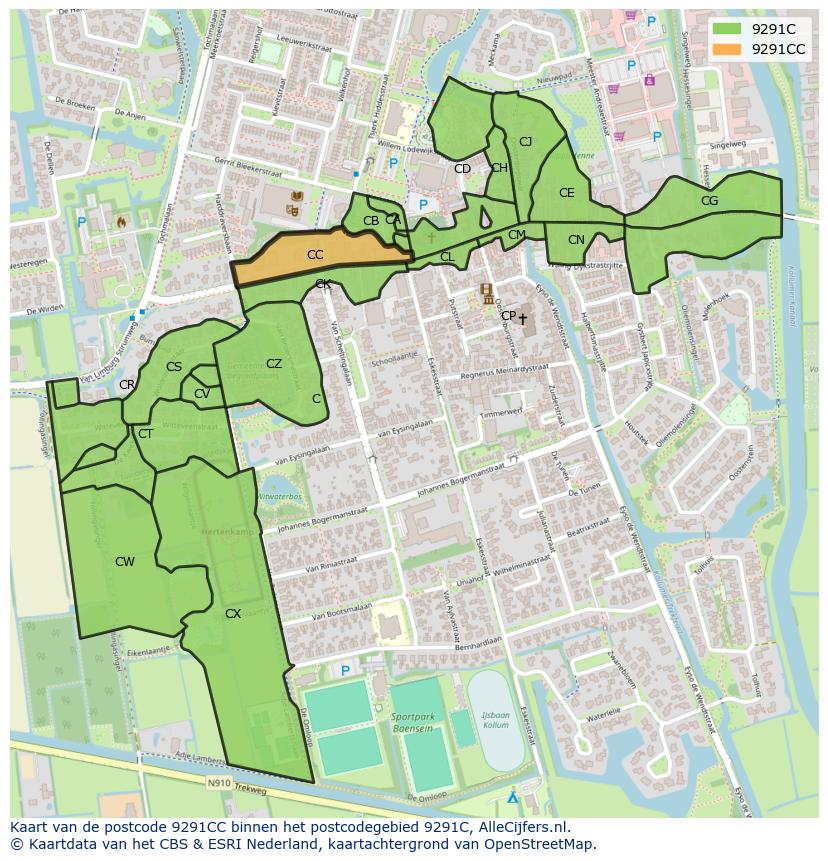 Afbeelding van het postcodegebied 9291 CC op de kaart.
