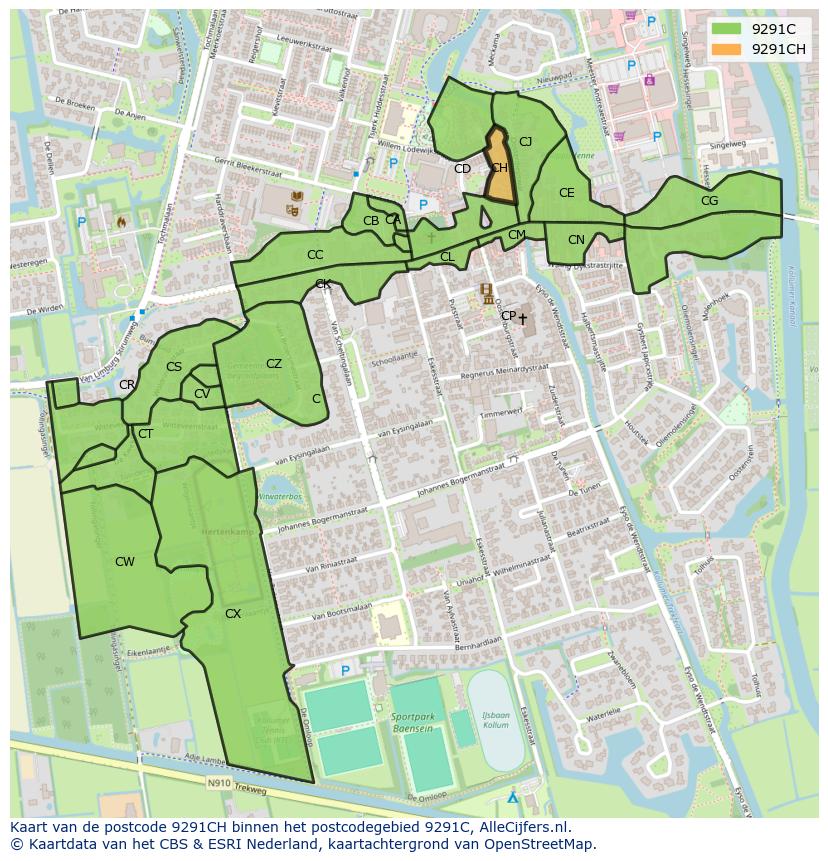 Afbeelding van het postcodegebied 9291 CH op de kaart.