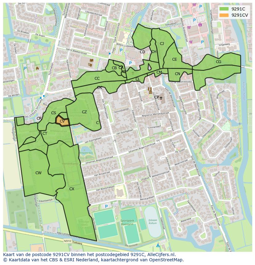 Afbeelding van het postcodegebied 9291 CV op de kaart.