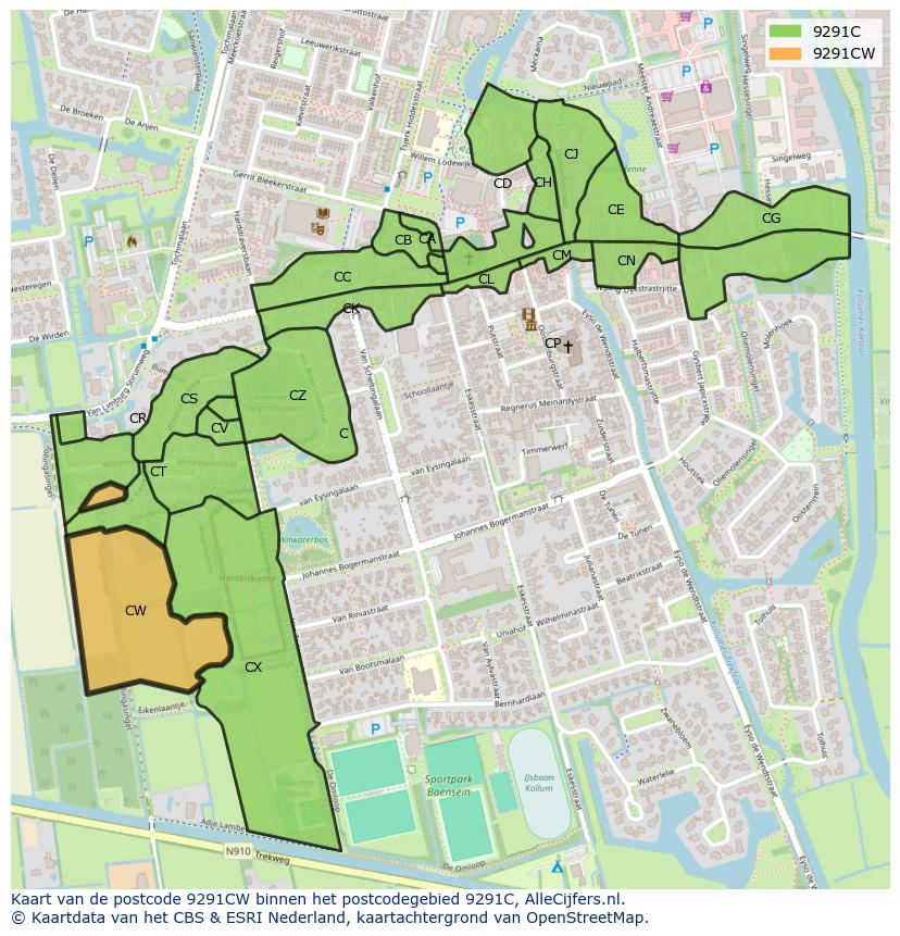 Afbeelding van het postcodegebied 9291 CW op de kaart.