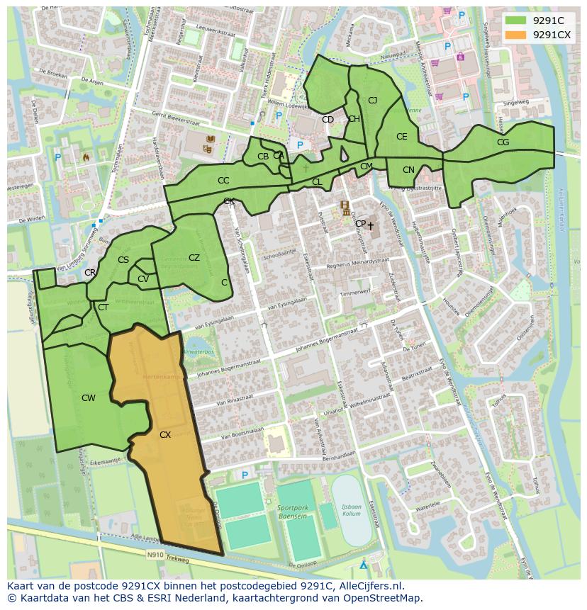 Afbeelding van het postcodegebied 9291 CX op de kaart.