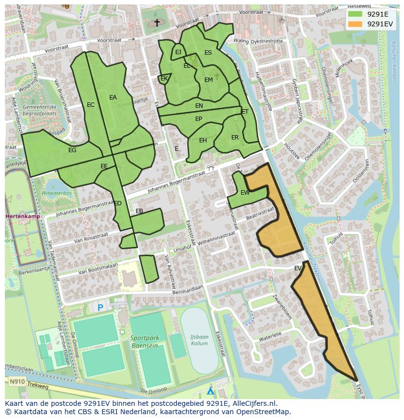 Afbeelding van het postcodegebied 9291 EV op de kaart.