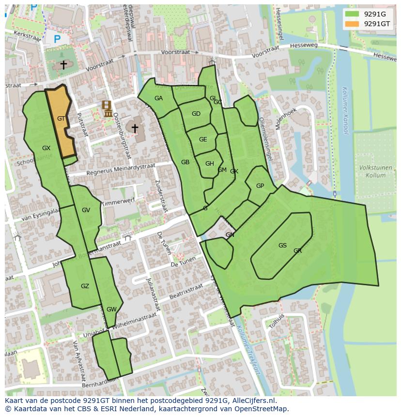 Afbeelding van het postcodegebied 9291 GT op de kaart.
