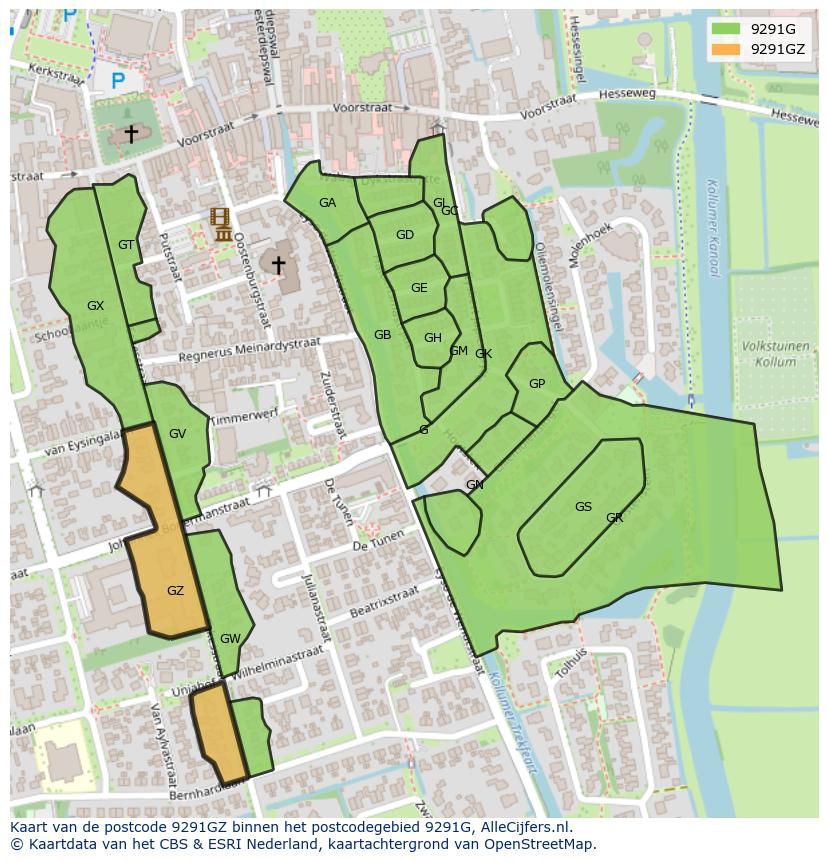 Afbeelding van het postcodegebied 9291 GZ op de kaart.