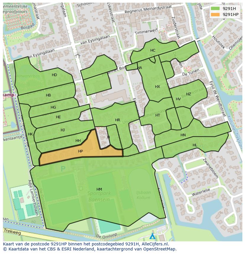 Afbeelding van het postcodegebied 9291 HP op de kaart.