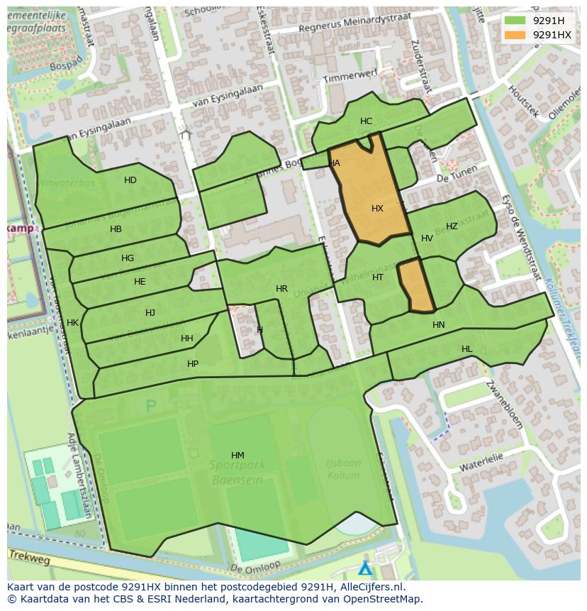Afbeelding van het postcodegebied 9291 HX op de kaart.
