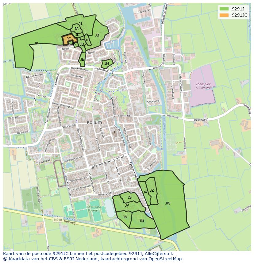 Afbeelding van het postcodegebied 9291 JC op de kaart.