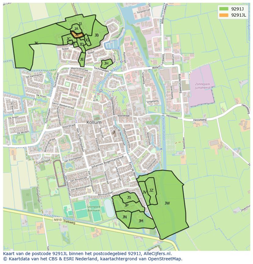 Afbeelding van het postcodegebied 9291 JL op de kaart.