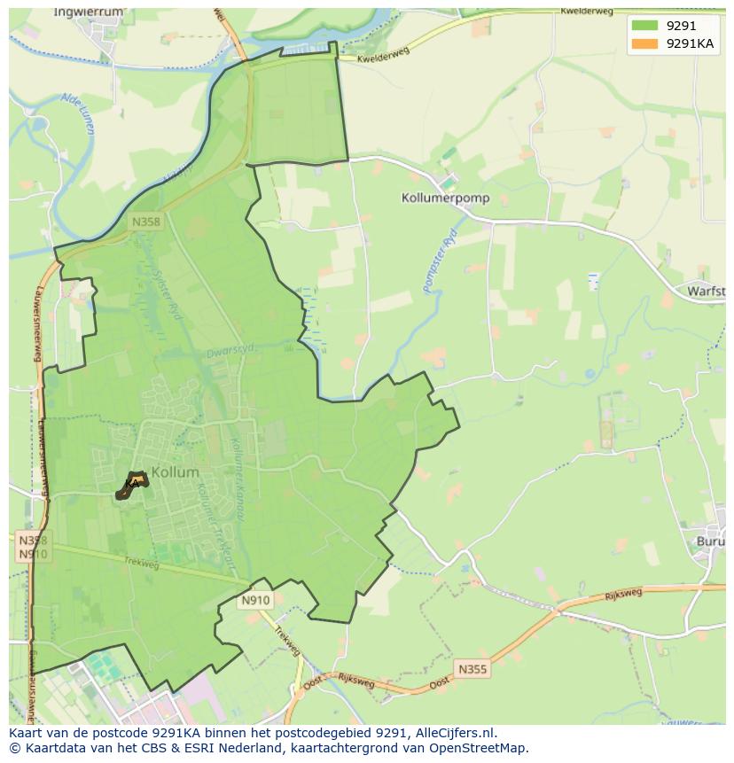 Afbeelding van het postcodegebied 9291 KA op de kaart.