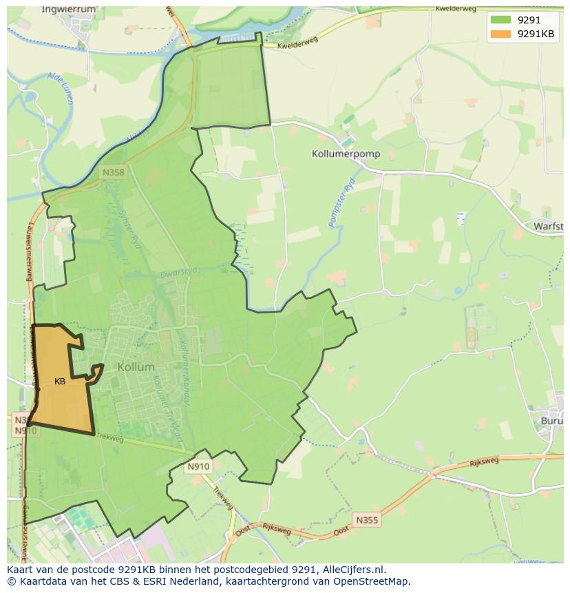 Afbeelding van het postcodegebied 9291 KB op de kaart.