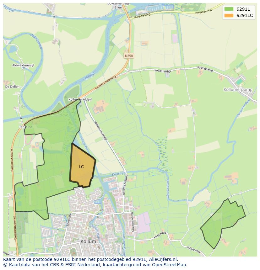 Afbeelding van het postcodegebied 9291 LC op de kaart.