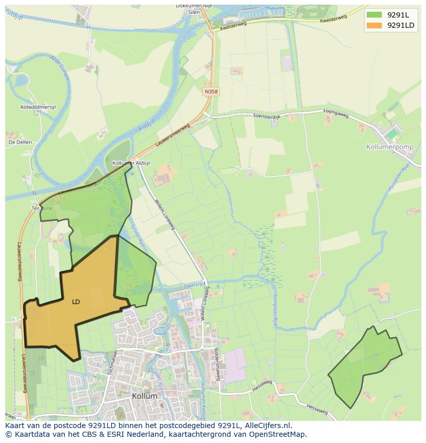 Afbeelding van het postcodegebied 9291 LD op de kaart.