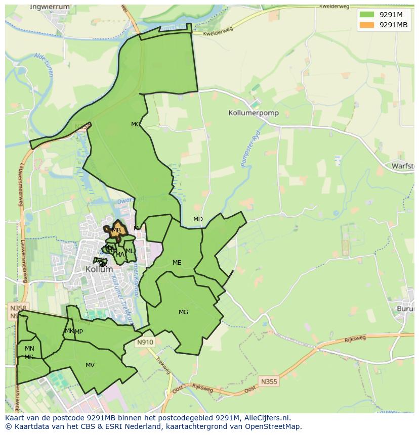 Afbeelding van het postcodegebied 9291 MB op de kaart.