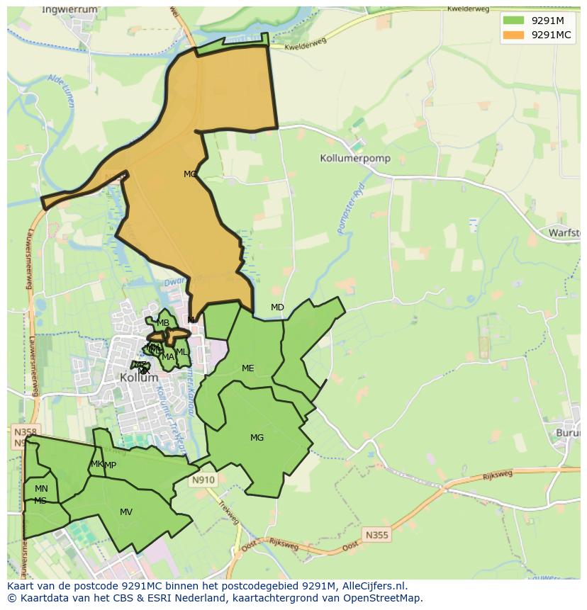 Afbeelding van het postcodegebied 9291 MC op de kaart.