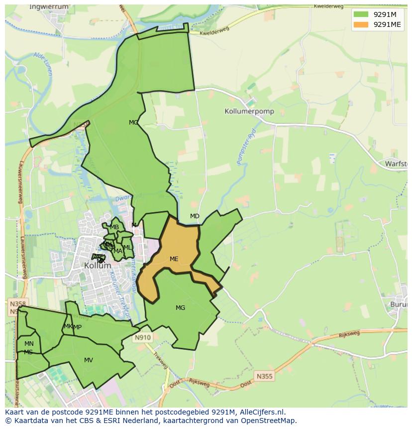 Afbeelding van het postcodegebied 9291 ME op de kaart.