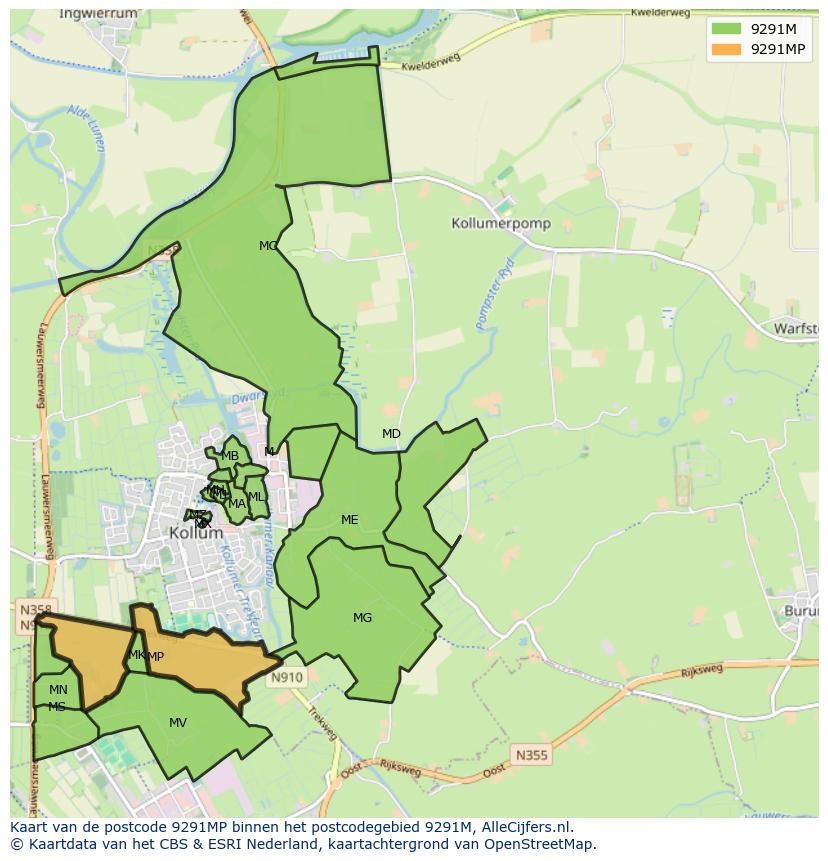 Afbeelding van het postcodegebied 9291 MP op de kaart.