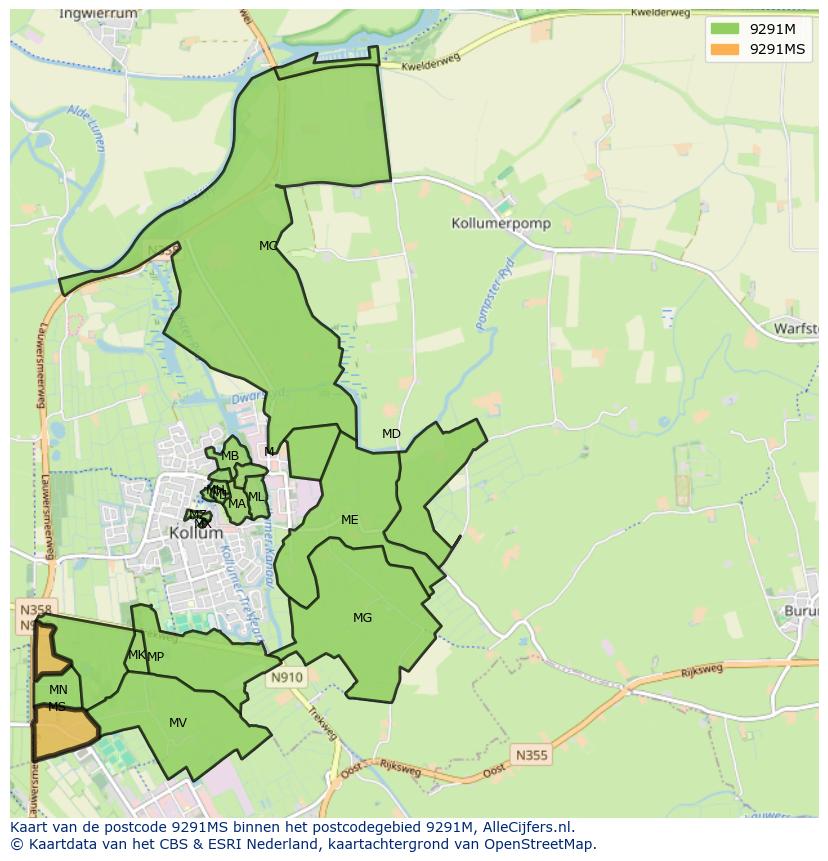 Afbeelding van het postcodegebied 9291 MS op de kaart.