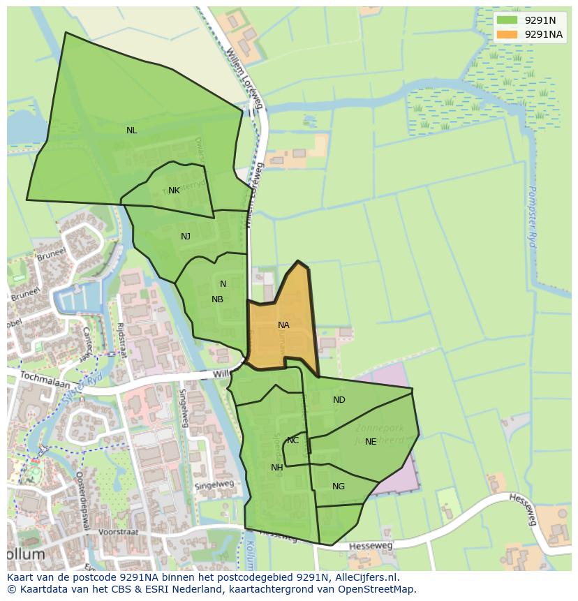 Afbeelding van het postcodegebied 9291 NA op de kaart.