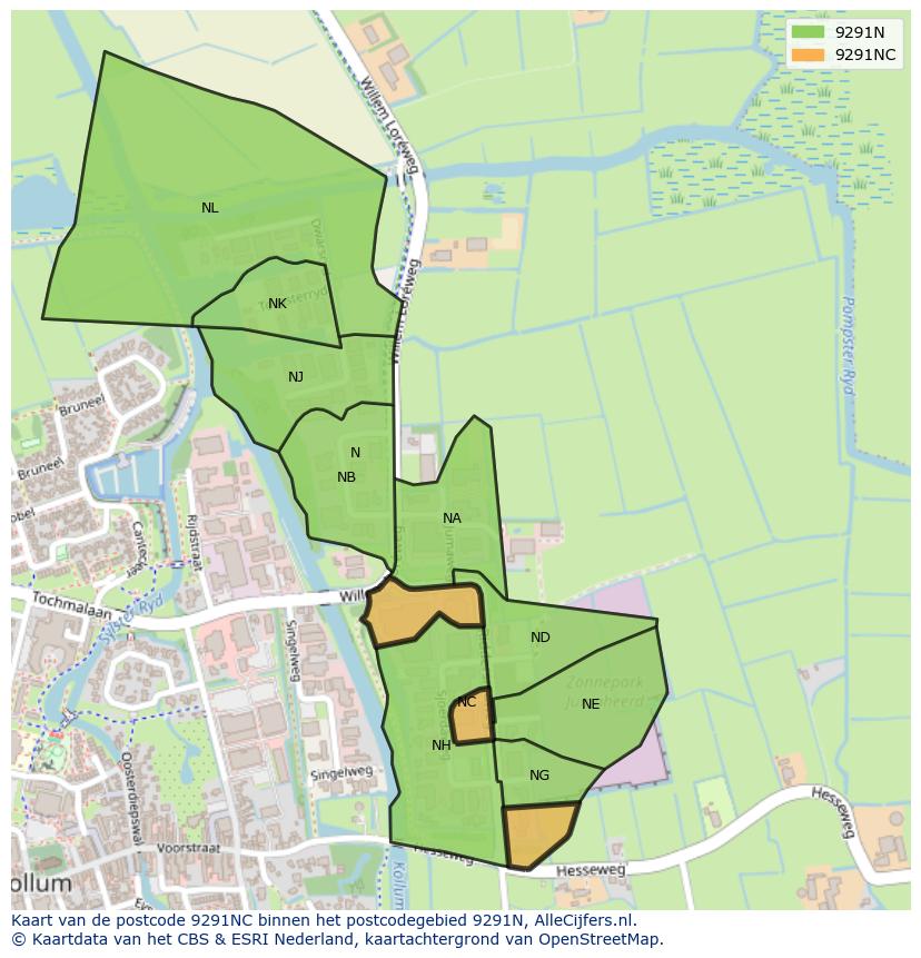 Afbeelding van het postcodegebied 9291 NC op de kaart.