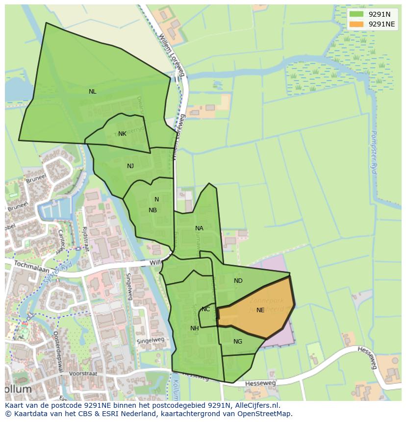 Afbeelding van het postcodegebied 9291 NE op de kaart.
