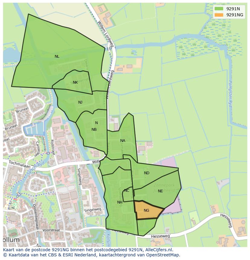 Afbeelding van het postcodegebied 9291 NG op de kaart.