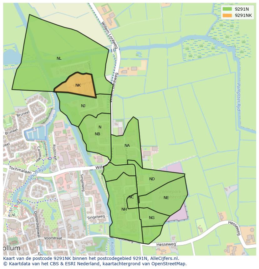 Afbeelding van het postcodegebied 9291 NK op de kaart.