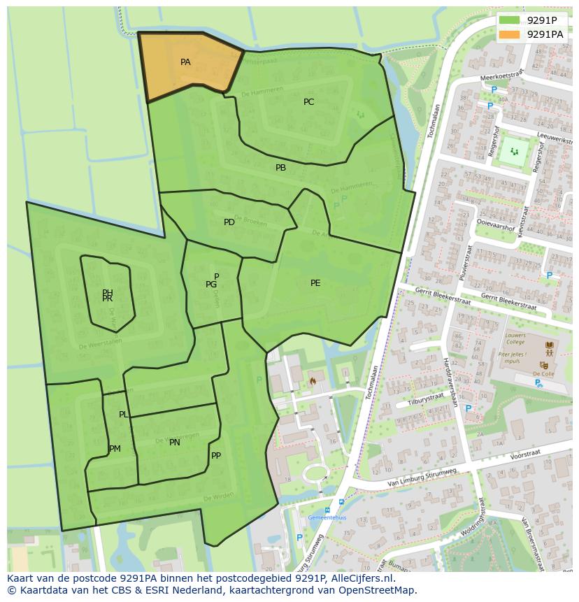 Afbeelding van het postcodegebied 9291 PA op de kaart.