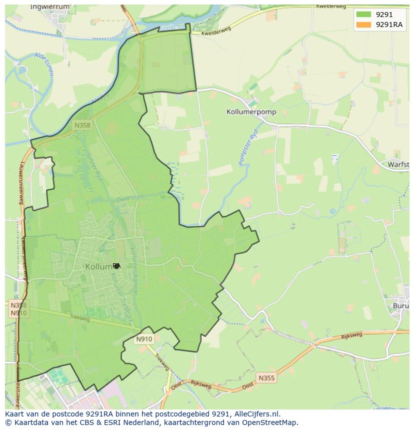 Afbeelding van het postcodegebied 9291 RA op de kaart.