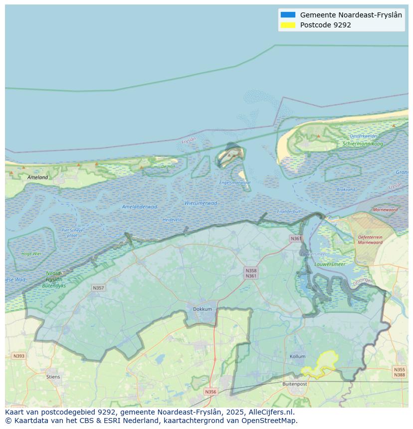 Afbeelding van het postcodegebied 9292 op de kaart.