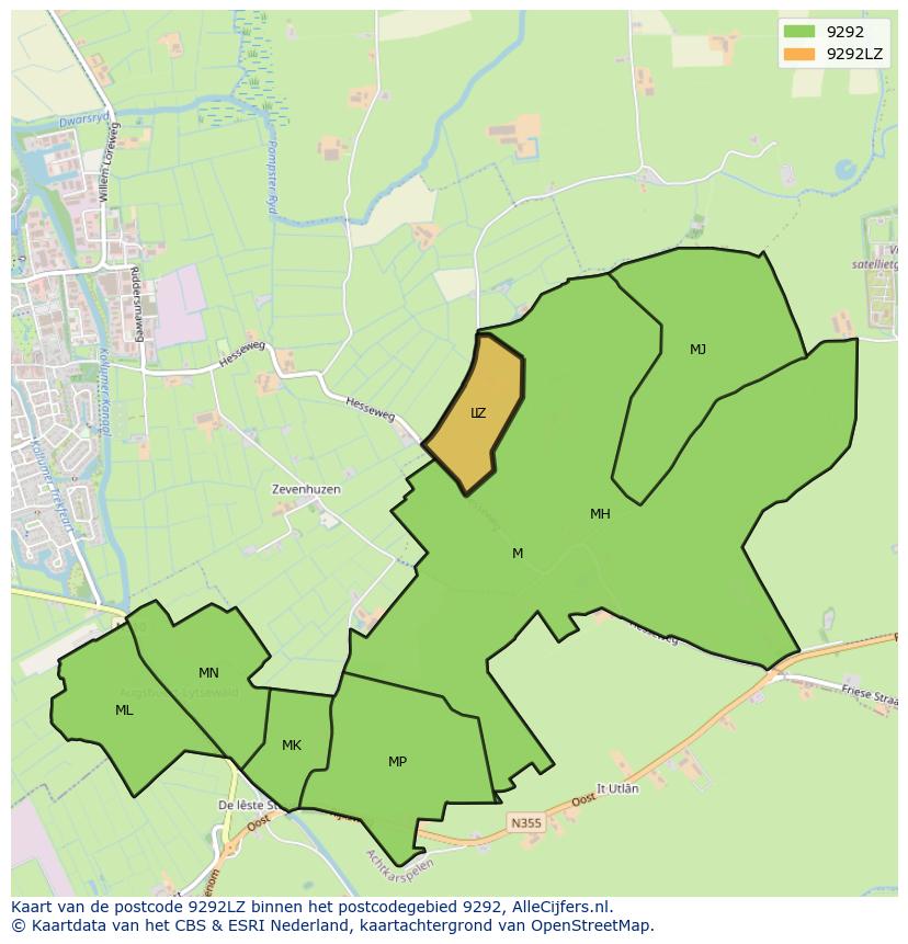 Afbeelding van het postcodegebied 9292 LZ op de kaart.