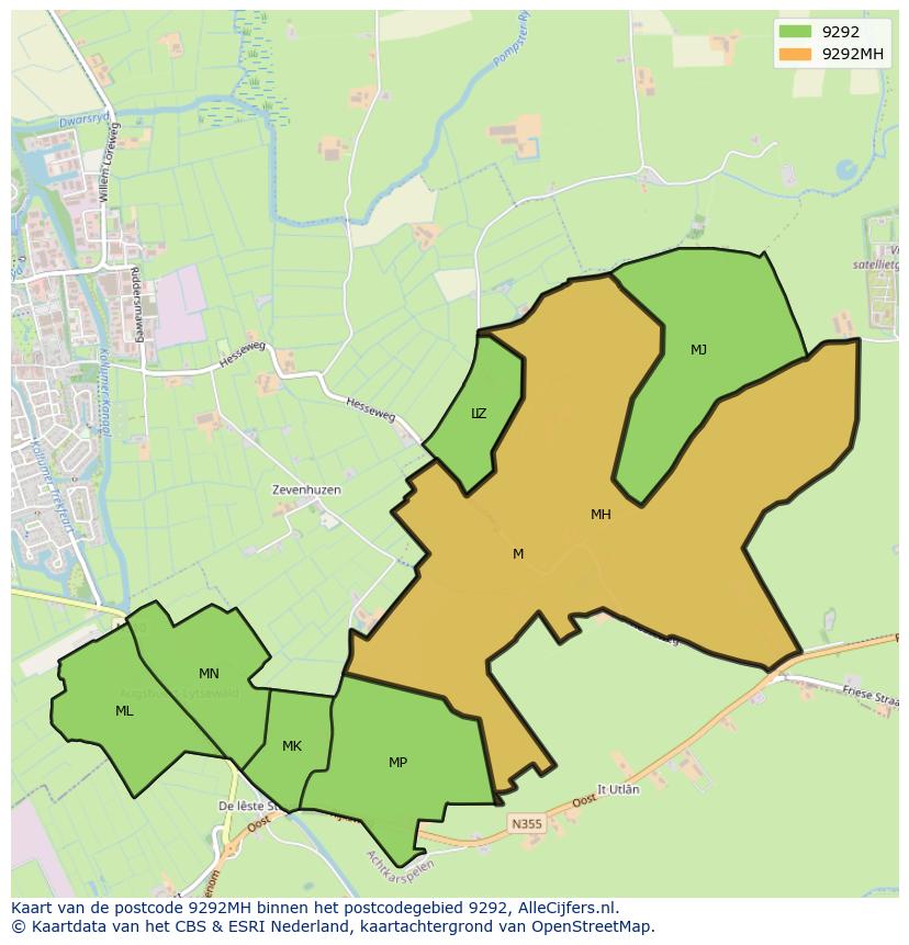 Afbeelding van het postcodegebied 9292 MH op de kaart.