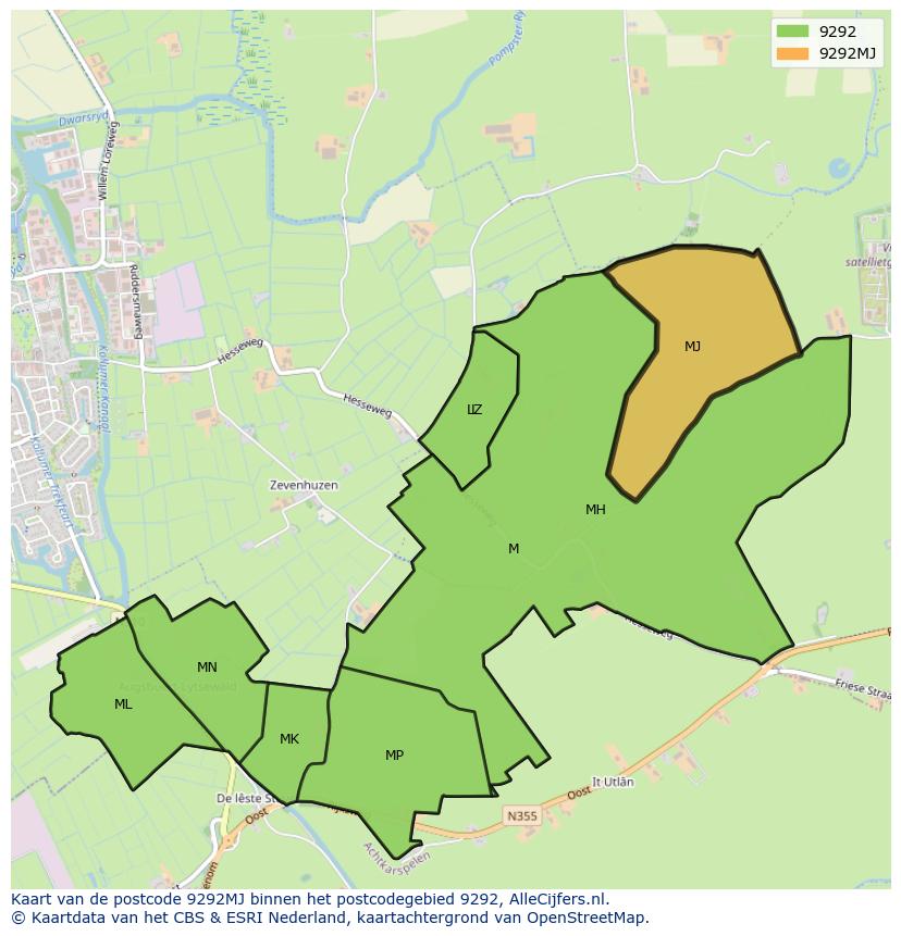 Afbeelding van het postcodegebied 9292 MJ op de kaart.