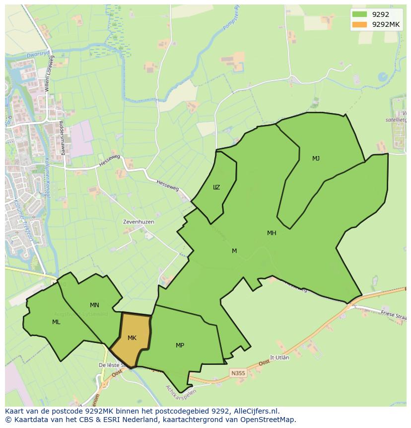 Afbeelding van het postcodegebied 9292 MK op de kaart.
