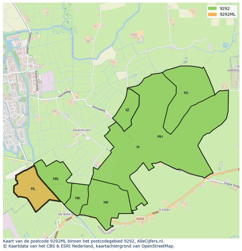 Afbeelding van het postcodegebied 9292 ML op de kaart.