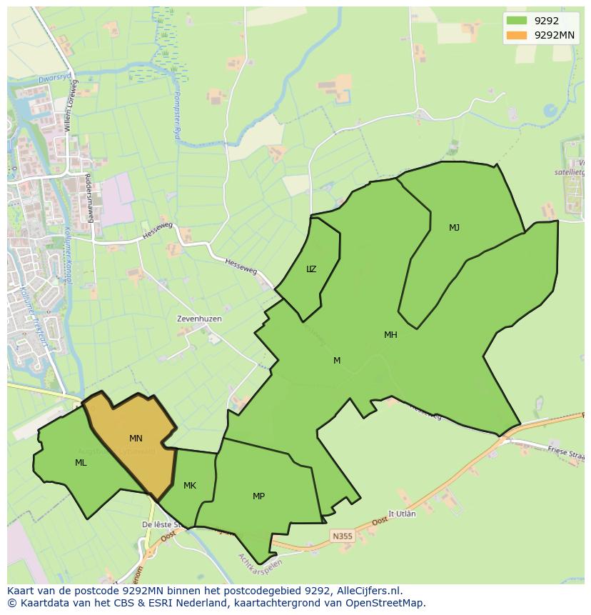 Afbeelding van het postcodegebied 9292 MN op de kaart.